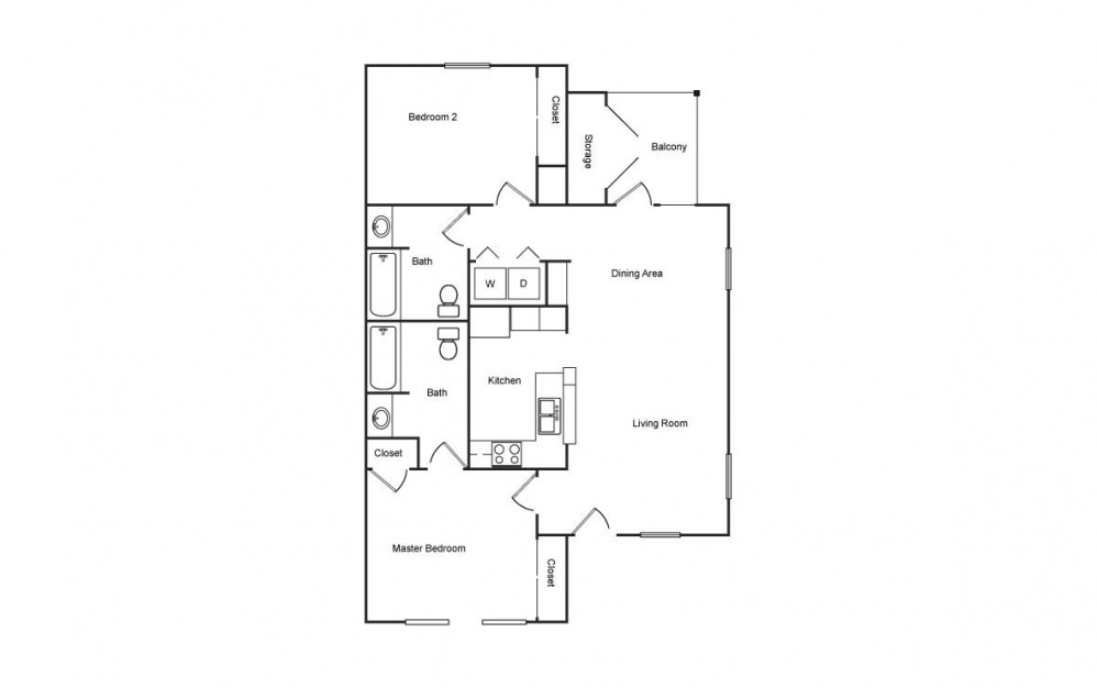 B - 2 bedroom floorplan layout with 2 bath and 990 square feet (1st floor 2D)
