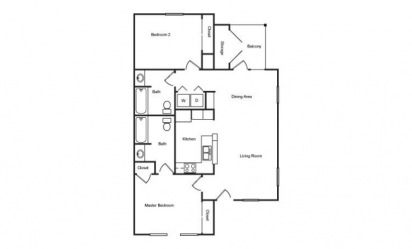 B - 2 bedroom floorplan layout with 2 bath and 990 square feet