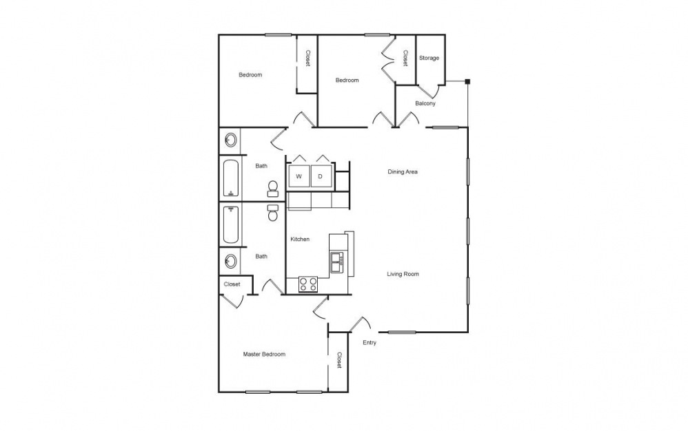 D - 3 bedroom floorplan layout with 2 bath and 1120 square feet (1st floor 2D)