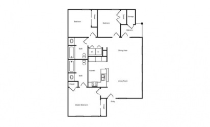 D - 3 bedroom floorplan layout with 2 bath and 1120 square feet
